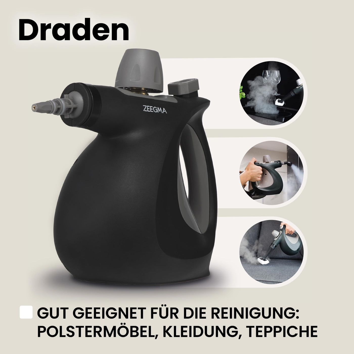 ZEEGMA Draden Dampfreiniger, Handdampfreiniger, Hochdruckreiniger Dampfsauger mit 350ml, Tank Umfangreiches Set - 9 verschiedene Aufsätze, schnelle Aufheizzeit, Kindersicherung