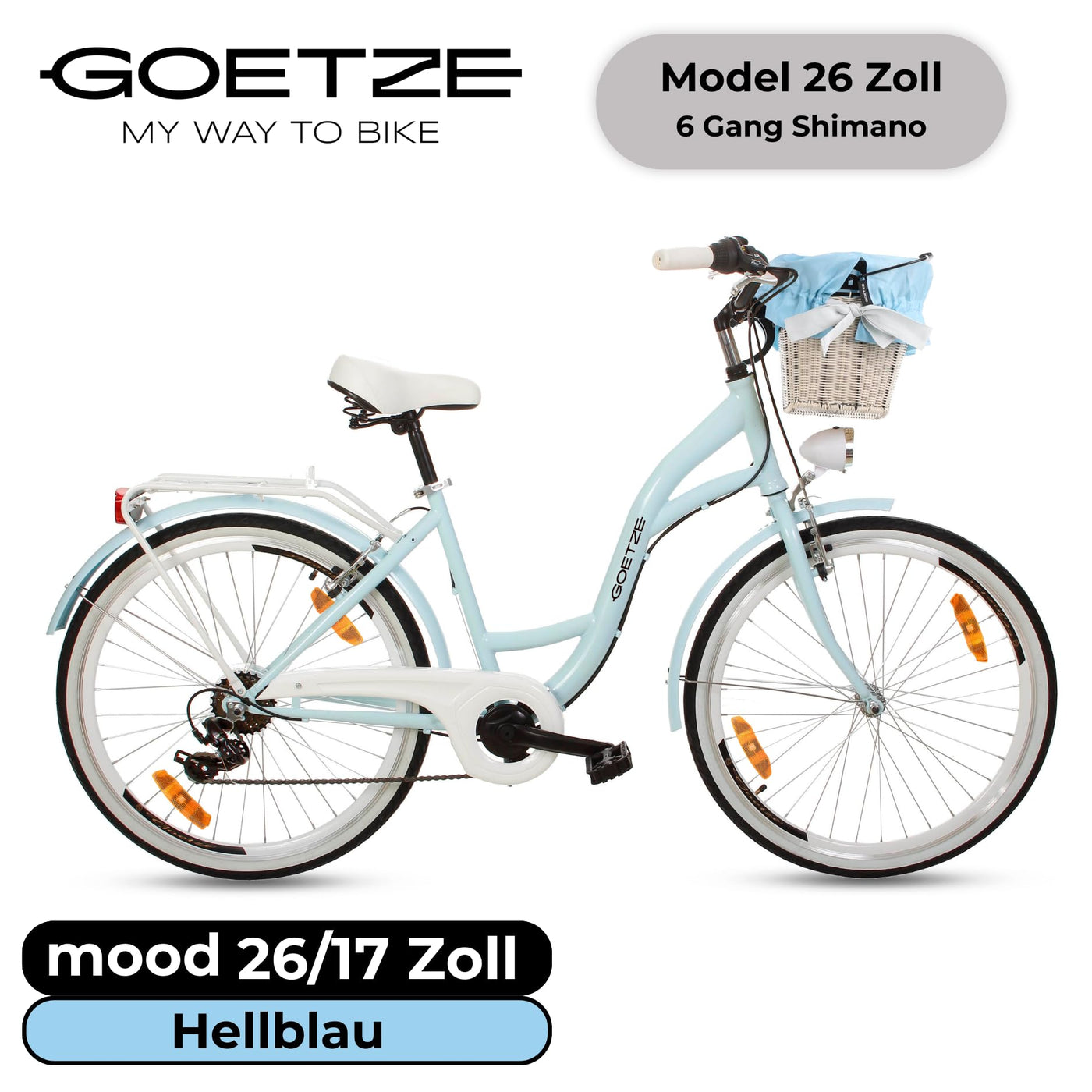 Goetze Mood 26 Zoll Damen Citybike, 17 Zoll Tiefeinsteiger Rahmen, 6-Gang Kettenschaltung, V-Bremse, LED-Beleuchtung, Gepäckträger, Komfortsattel, Schutzbleche, Rattankorb mit Stoffeinsatz!