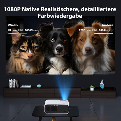 Wielio Beamer, Full HD 1080P Projektor, 5G WiFi Bluetooth Projector, 18000 Lumens Heimkino Mini Beamer, 30-200 Zoll Projektionsgröße Kompatibel mit iOS/Android/Laptop/HDMI/USB