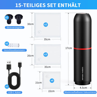 AIRMSEN Vakuumiergerät Klein, Handvakuumierer mit 40 kPa Saugkraft, inklusive 11 Vakuumbeutel & 2 Weinverschlüsse, ideal für Zuhause, Reisen, Camping und zur Lebensmittelkonservierung