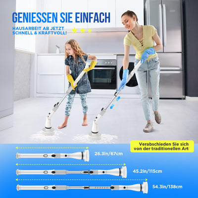 Elektrische Reinigungsbürste Spin Power Schrubber - Electric Kabelloser Putzbürste mit 4 Austauschbaren Bohrbürstenköpfen und Verstellbarer Griff Cleaning Brush Schnurlos für Fliesenboden Küche Bad