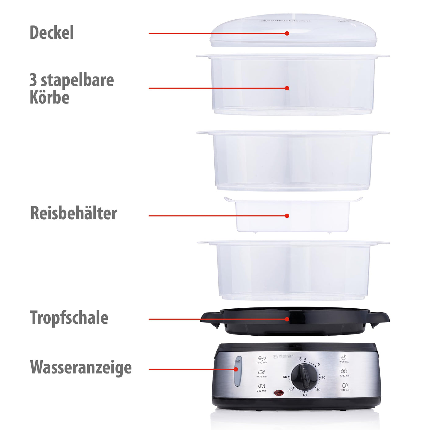 alpina Dampfgarer - Dampfmaschine 230V/800W - 3 Schicht Topf - BPA Frei - Dampftopf Spülmaschinenfest - in 0 bis 60 Minuten Einsatzbereit - 9 Liter Fassungsvermögen - Kunststoff/RVS - Grau