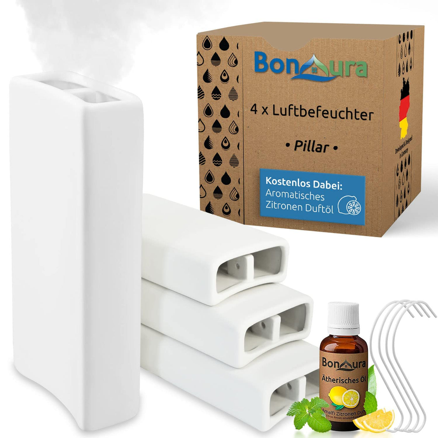 BonAura® Luftbefeuchter Heizung Keramik I Haken & Duftöl [4er Spar-Set, 400ml] I Wasserverdunster für Heizkörper mit Duft I Verdunster & Befeuchter Wasser Behälter