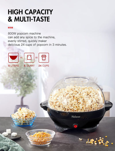 Yabano Popcornmaschine für Zuhause, Maker Machine mit Zucker & Öl, Abnehmbare Heizfläche, 5L Popcorn Popper, Antihaftbeschichtung, Großer Deckel als Servierschale, Platzsparende Lagerung