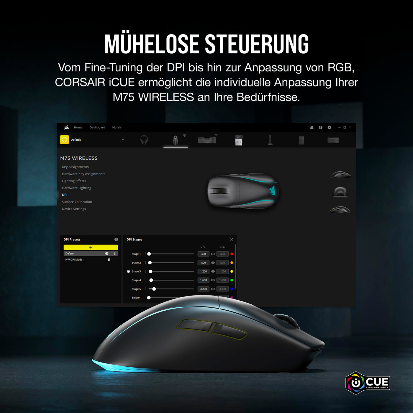 Corsair M75 Wireless RGB Leichte FPS Gaming-Maus – 26.000 DPI – Austauschbare Seitentasten – iCUE-Kompatibel – PC – Schwarz