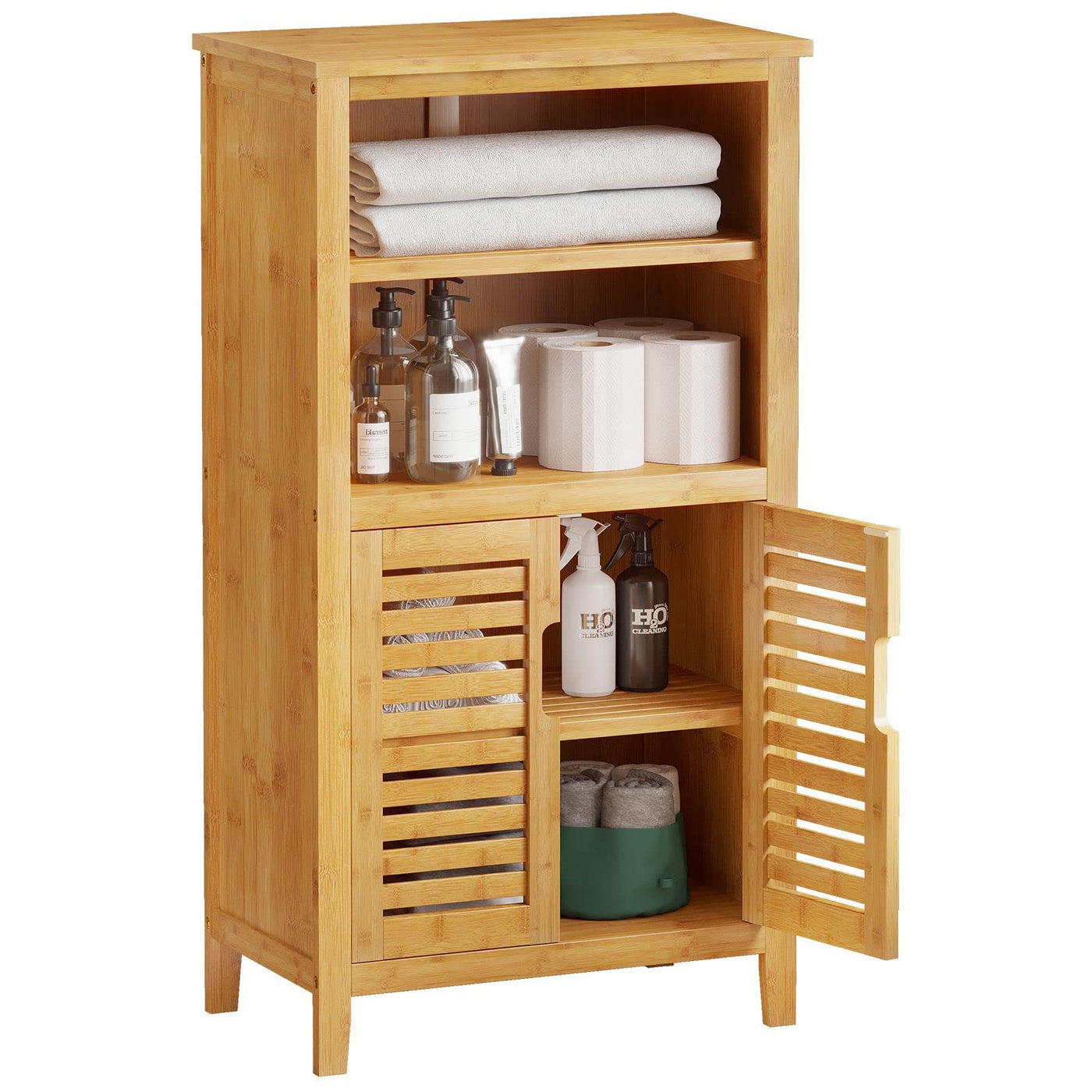 VIAGDO Badezimmerschrank Bambus, Badschrank mit 2 offenen Fächern und 2 Lamellentüren, Küchenschrank, multifunktional Schrank für Badezimmer, Wohnzimmer, Küche, Flur, 50 x 92,3 x 29 cm (B x H x T)