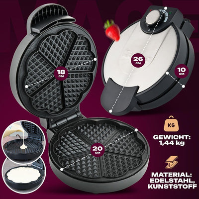 Clatronic® Waffeleisen | mit Ø 18cm antihaftbeschichteter Backfläche | Waffeleisen Herzform | stufenlos einstellbarer Bräunungsgrad & Backampel | Waffle Maker mit Edelstahleinlage | 1000W | WA 3492