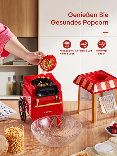 HOUSNAT Popcornmaschine Heissluft - Retro Klein Popcorn Maker -Fettfreies Ölfreies & Gesunder Maïs Snack - 1200W Popcorn Maschine für Zuhause - Filmabend & Weihnachten - Rot