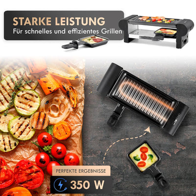 Clatronic® Raclette 2 Personen | Mini Raclette mit ca. 20,5 x 10,5 cm Grillfläche | für Grillen & Überbacken | antihaftbeschichtete Grillplatte & Pfännchen | 350W | RG 3592