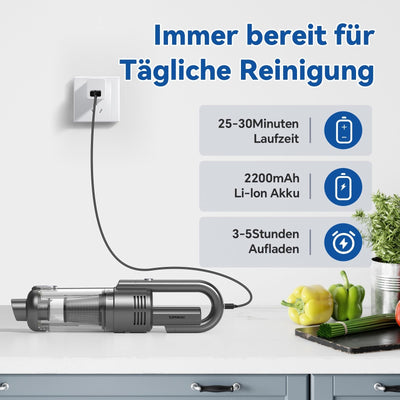 SIMWAL Auto Handstaubsauger Akku Kabellos - 9500PA stark tragbar Mini Staubsauger - 30Min Laufzeit USB aufladbar Autostaubsauger mit Waschbar HEPA Filter LED Beleuchtung für Haus, Küche, Büro