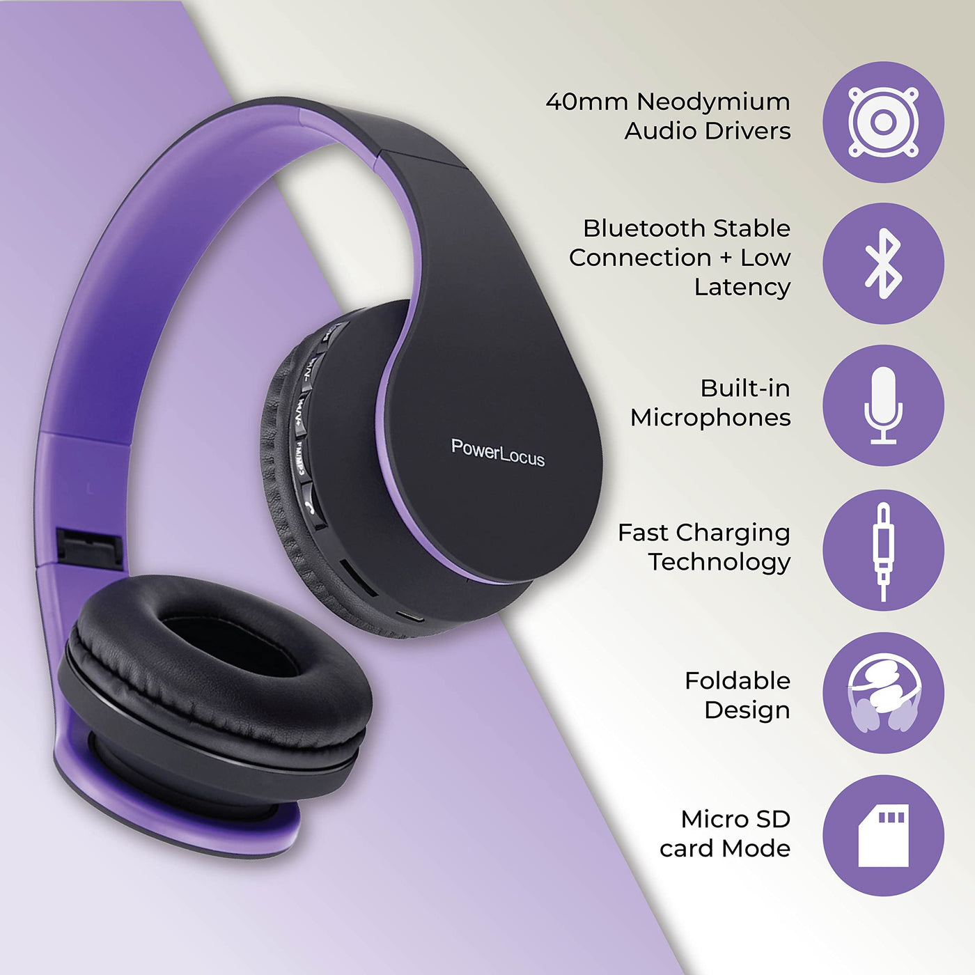 PowerLocus Bluetooth Kopfhörer Over Ear, Kabellose Kopfhörer, HiFi Stereo, Faltbare Kopfhörer mit Mikrofon, weiche Ohrpolster, Micro SD/TF, FM Radio für iPhone/Android/Tablet/Laptop (Schwarz/Lila)