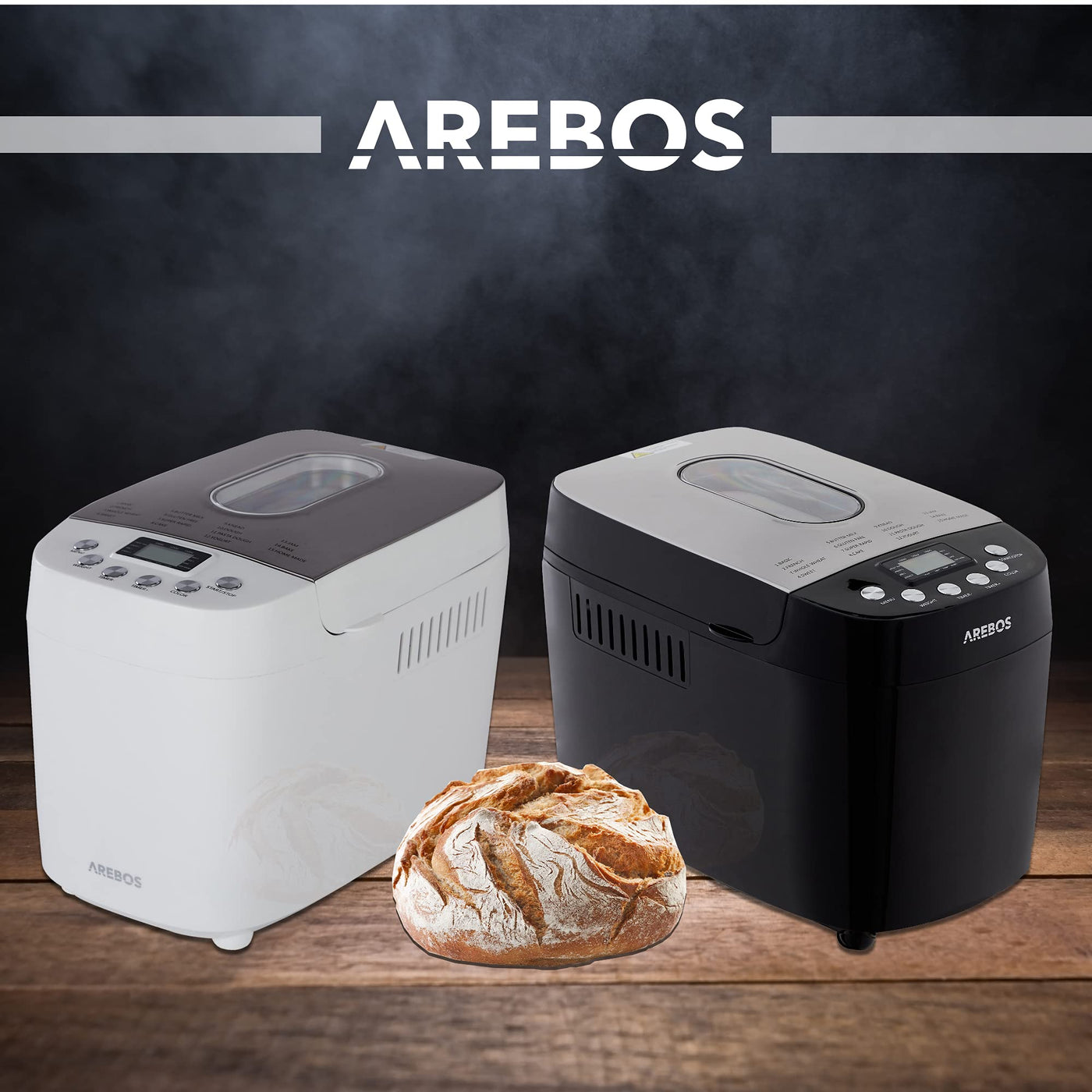 Arebos Brotbackautomat 1500g | mit 15 Programmen | 2 Knethaken | Timer | LCD Display | 3 Bräunungsgrade und Brotgrößen | 850 W | Schwarz