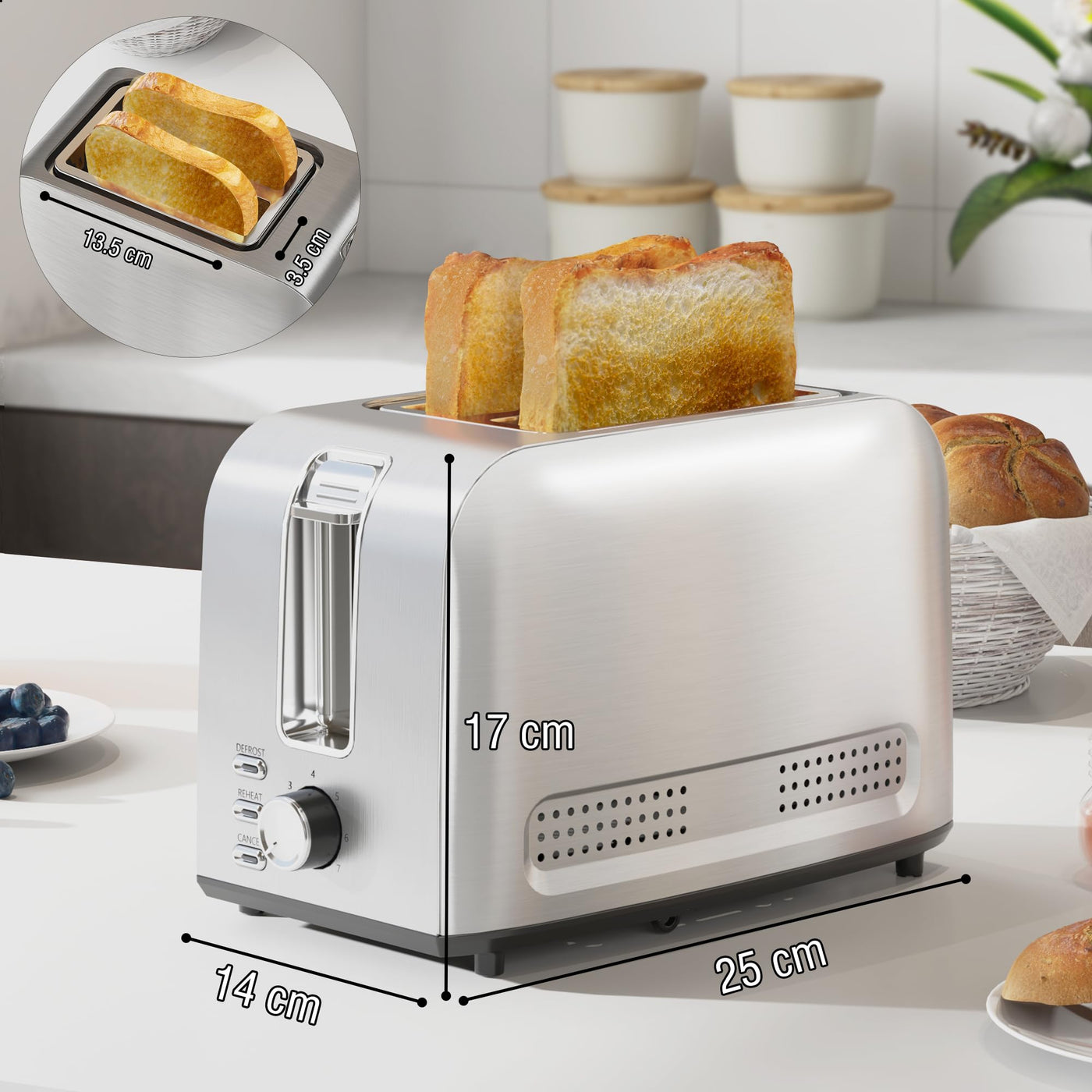 Runnatal Toaster–2 Toastschlitze, Edelstahl Toaster, Toaster 2 scheiben, 7 Stufen, Auftaufunktion, Aufwärmfunktion, Liftfunktion, Abschaltautomatik, Extra Breite Toastschlitze, Silber