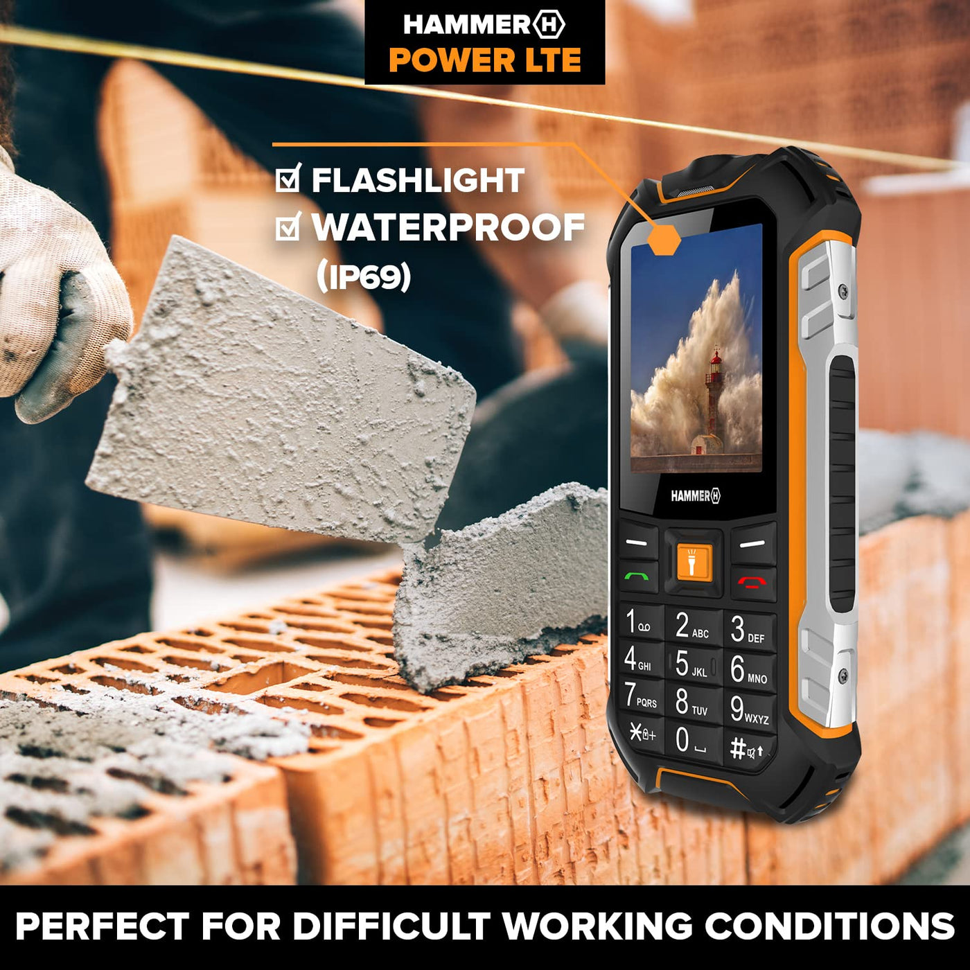 Hammer H Power LTE Handy ohne Vertrag,2.4 Zoll Farbdisplay,Robust,Mega Batterie 3100 mAh,(IP68),Stoßfest,Baustellen Tasten,Taschenlampe,Dual SIM,256MB Tastenhandy - Schwarz