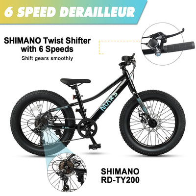 Glerc Mars 20 Zoll Kinderfahrräder Fat Tire Mountainbike für Alter 6 7 8 9 10 11 12 Jahre alt Jungen Mädchen Teens mit 6 Gang Shimano Antrieb Dual Disc Bremsen, Schwarz