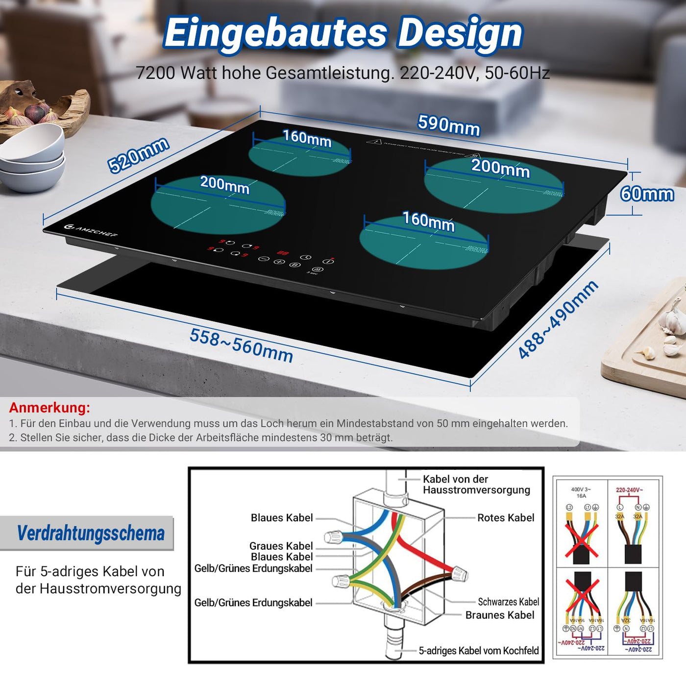 AMZCHEF Induktionskochfeld 60cm, 4 Platten Induktionskochfeld | Einbau Induktionskochplatte | Boost-Funktion | 9 Leistungsstufen | Sicherheitsschloss | Touch-Bedienung | Zeitschaltuhr | 7200W