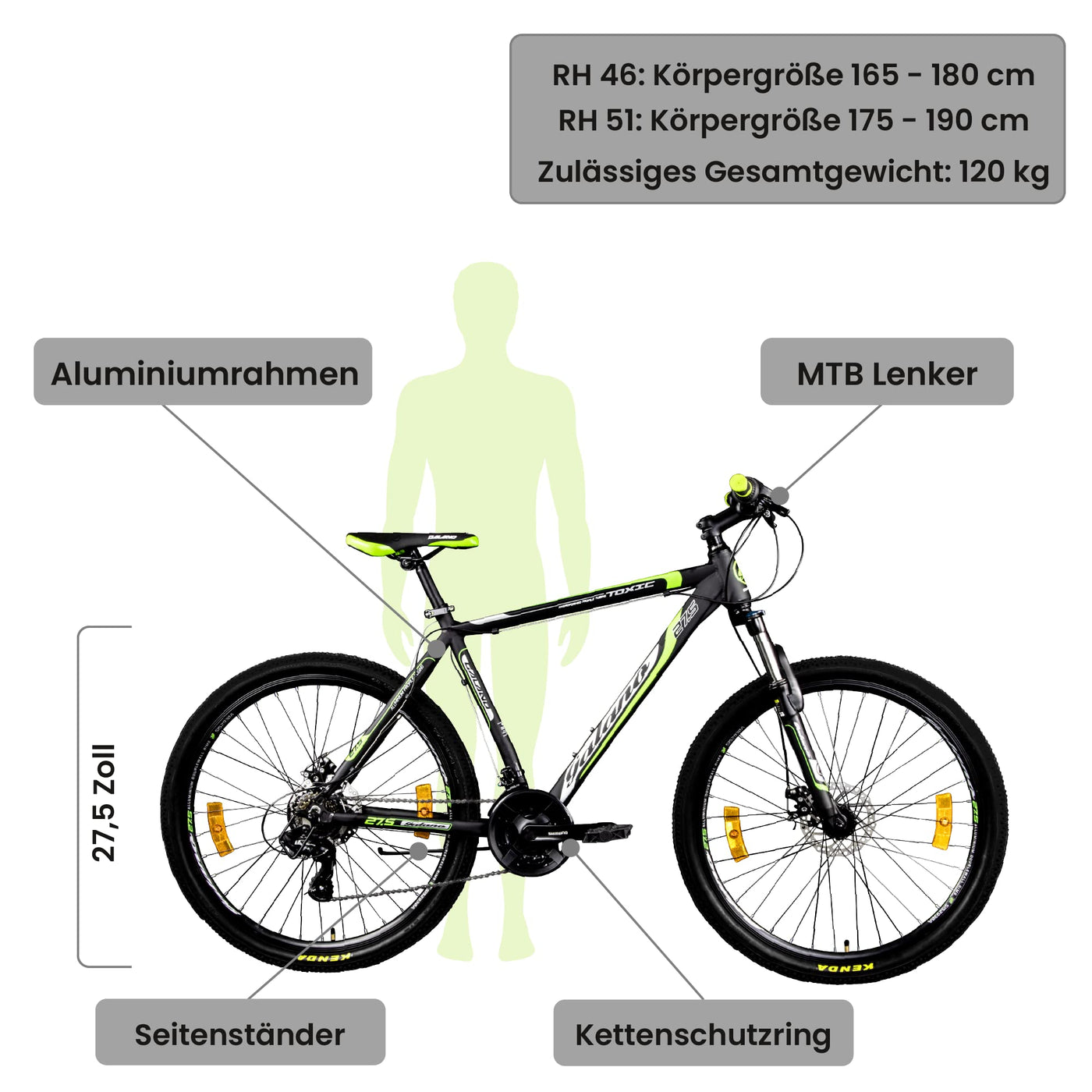 Galano 27,5 Zoll 650B MTB Toxic Mountainbike Scheibenbremsen (schwarz/grün, 46 cm)