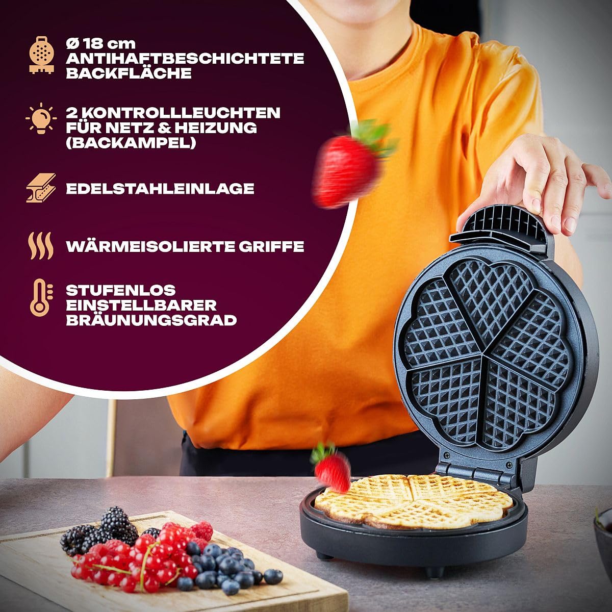 Clatronic® Waffeleisen | mit Ø 18cm antihaftbeschichteter Backfläche | Waffeleisen Herzform | stufenlos einstellbarer Bräunungsgrad & Backampel | Waffle Maker mit Edelstahleinlage | 1000W | WA 3492