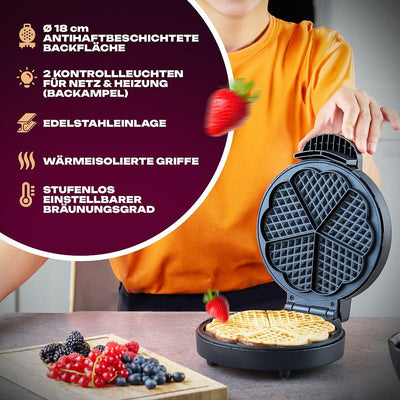 Clatronic® Waffeleisen | mit Ø 18cm antihaftbeschichteter Backfläche | Waffeleisen Herzform | stufenlos einstellbarer Bräunungsgrad & Backampel | Waffle Maker mit Edelstahleinlage | 1000W | WA 3492