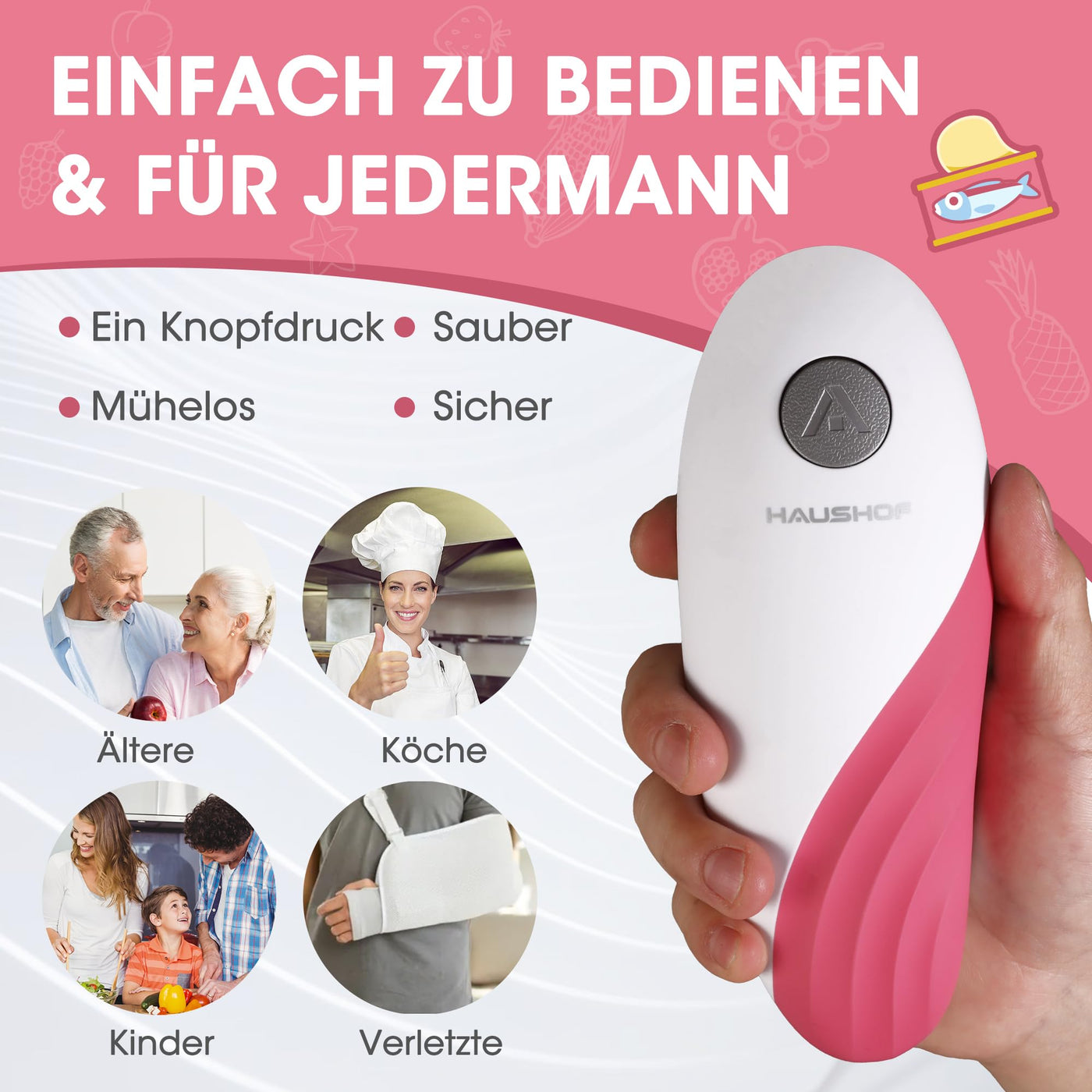 HAUSHOF Elektrischer Dosenöffner, One Touch Dosenöffner, Automatische 360°-Drehung & Automatischer Stopp, Küchenhelfer für Köche, ältere Menschen, Kinder & Verletzte, Mit 4 AA-Batterien, Rosa