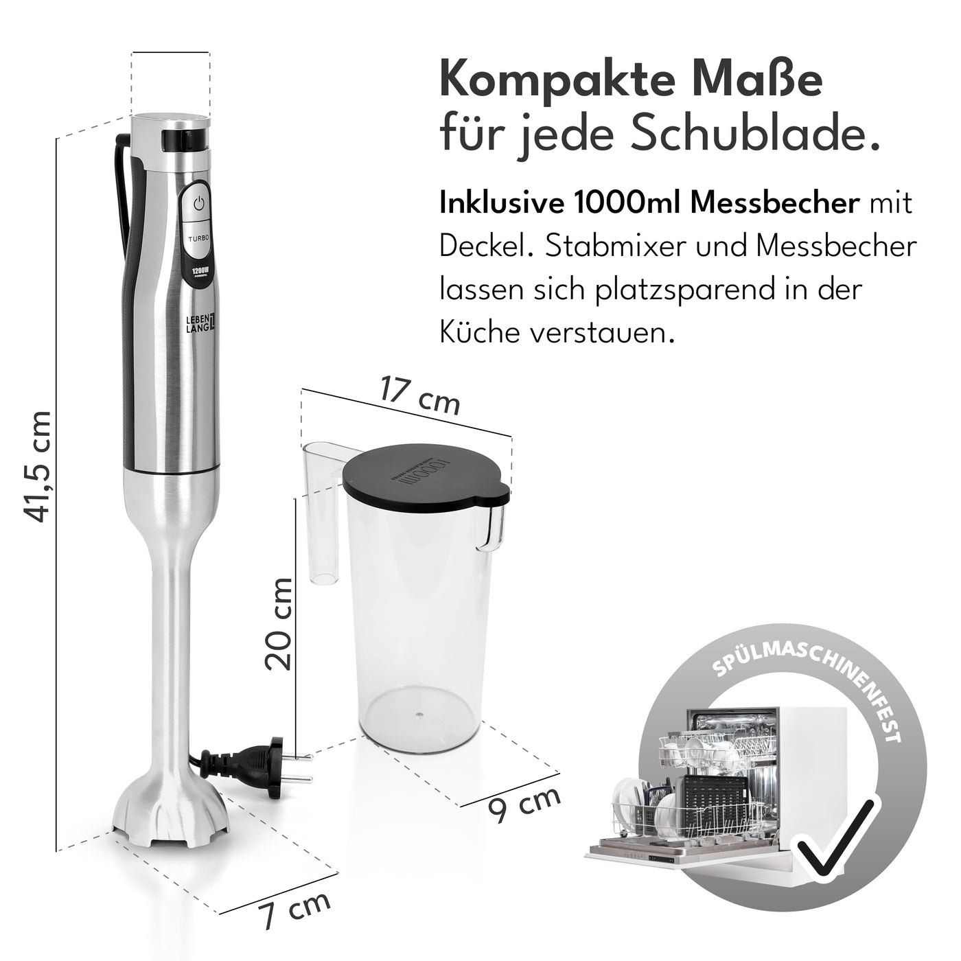 LEBENLANG Premium 1200W Stabmixer Edelstahl - Single & Set Version I Stufenlos verstellbar & Turbo I Elektrische Hand Blender Pürierstab Edelstahl Zauberstab (Stabmixer + Messbecher - 1200W)