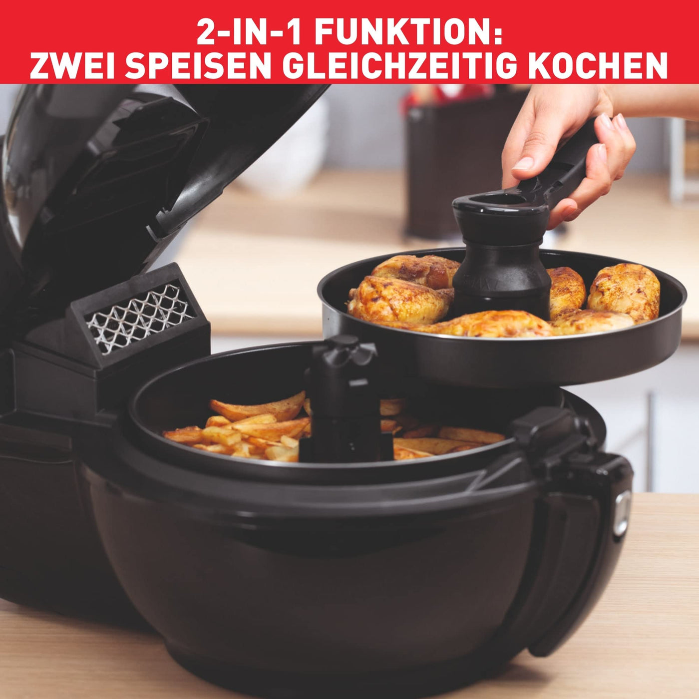 Tefal YV9708 ActiFry Genius XL 2in1 Heißluftfritteuse mit Rührarm | Testsieger | 1,7 kg für 8 Personen | 9 automatische Menüs | 2 Speisen gleichzeitig | gesunde Friteuse ohne Öl, Schwarz