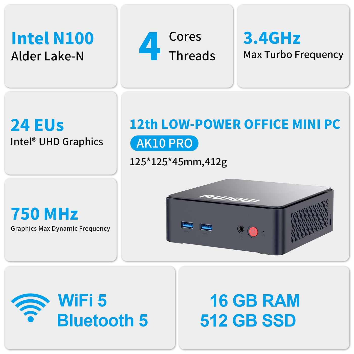 AWOW AK10 Pro Mini PC Intel 12. Gen Alder Lake N100(bis zu 3,4 GHz), 16GB RAM 512GB M.2 SSD Micro Desktop Computer W11 Pro, 4K UHD/WiFi/BT/Gigabit Ethernet Mini-pc für Zuhause/Büro/Schule