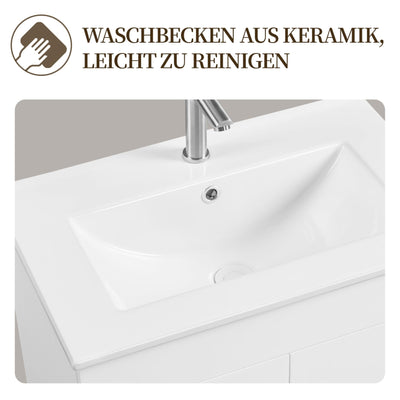 Yaheetech Waschbeckenunterschrank Badmöbel 2er Set Waschbecken mit Unterschrank Badezimmerunterschrank Badschrank mit Waschbecken Keramikbecken Waschtisch mit Viel Stauraum, weiß