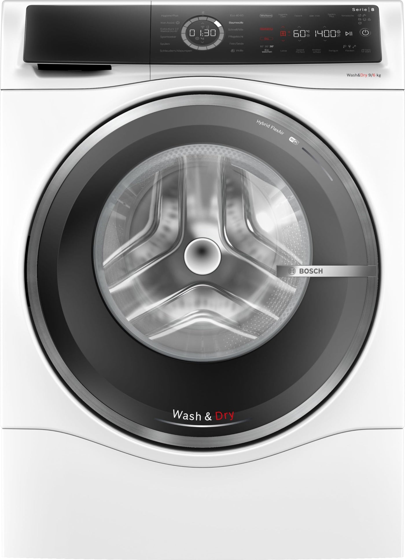 BOSCH WNC244070 Waschtrockner Serie 8, Frontlader mit 9-6kg Fassungsvermögen, 1400 UpM, Home Connect, EcoSilence Drive, Iron Assist, SpeedPerfect, AutoDry, Weiß, 60cm