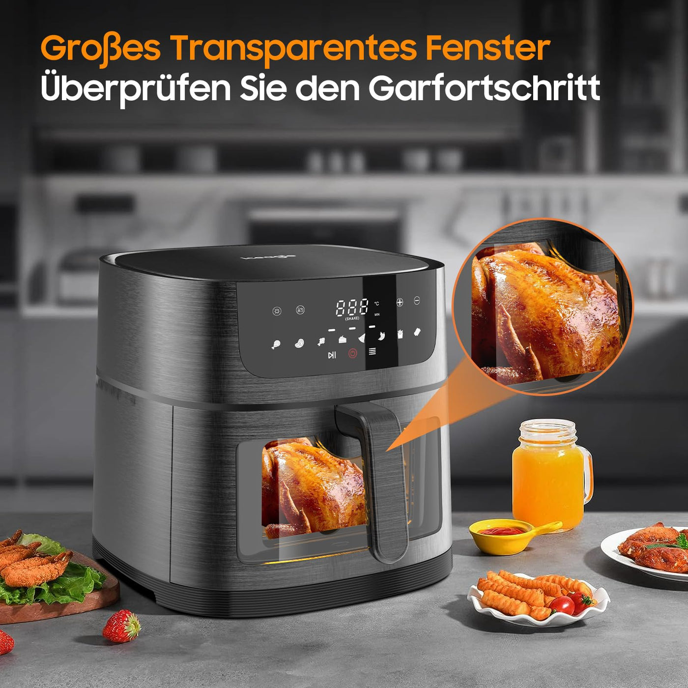 Iceagle Heißluftfritteuse XXL Air Fryer 9L - Heissluftfriteuse mit Großes Sichtfenster | Friteuse Airfryer ohne Öl mit Digitalem Led Touchscreen, 8 Programmen, Shake-Modus, 1800W, Rezeptbuch