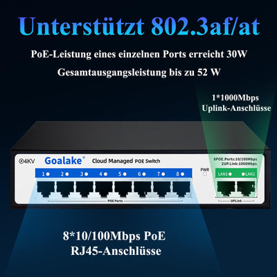 Goalake 8 Port Poe Switch, Cloud Managed Ethernet Switch, 10 Ports PoE+ Switch @120W, 802.3af/at, APP Easy Smart Managed, Cloud Detection, Vlan, Cloud Restart, Cloud Ultraremote to 250M, 802.3af/at