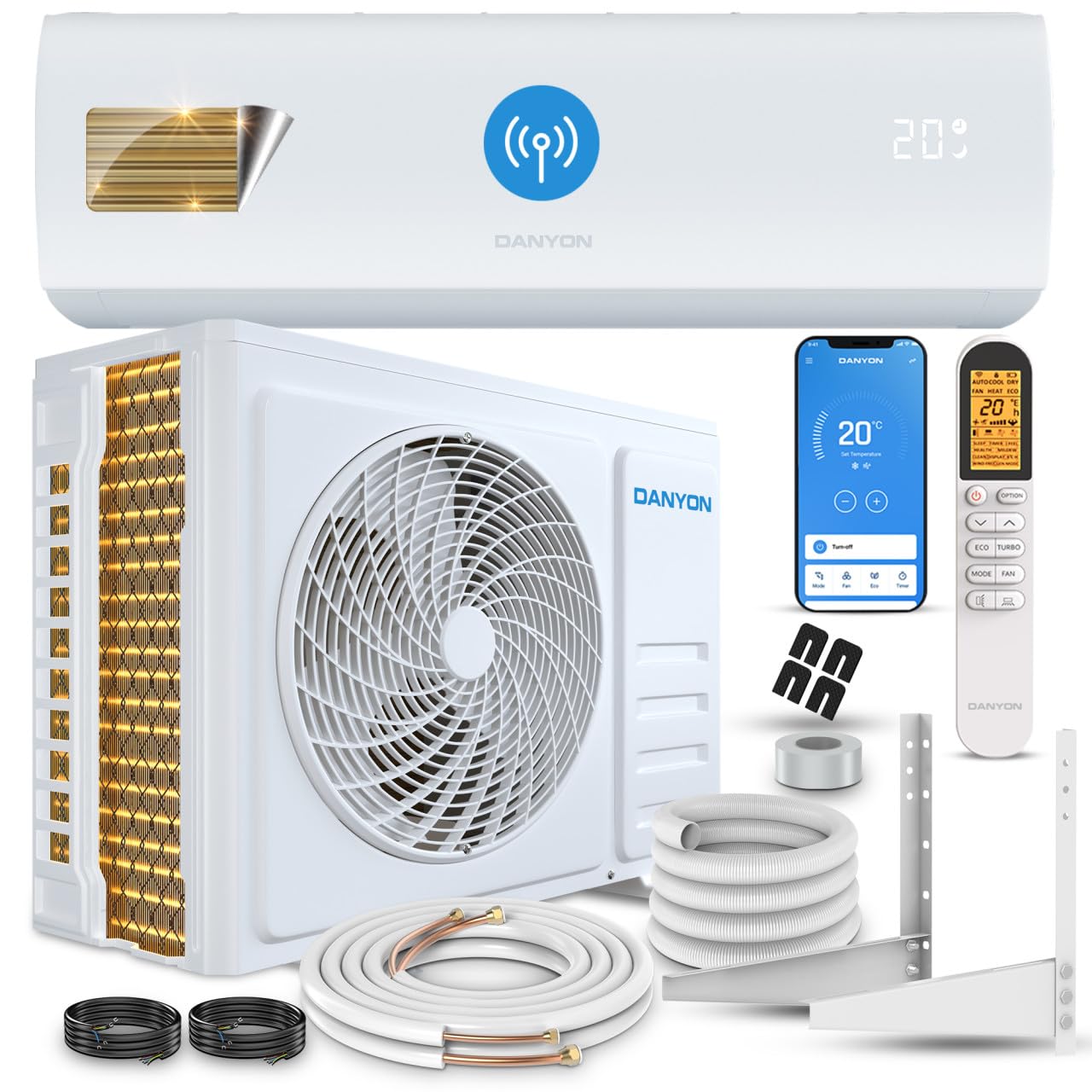 Danyon Klimaanlage Split - 12000 BTU - 3,4 kW, Selbstreinigung, leise, Smart Home, Inverter Klimagerät mit Heizfunktion, Splitgerät vorgefüllt mit R32 Kältemittel, Timer, bis 59 m2, 5m Komplettset