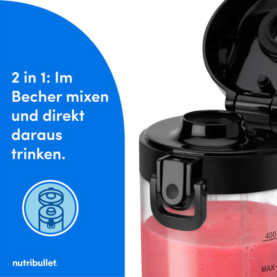 nutribullet Portable Mixer, 475ml BPA-freies Tritan Becher, Mini-Mixer mit 4-Punkt-Edelstahlklinge, Multifunktionsmixer, USB-C-Ladegerät, 15+ Mixvorgänge, NBP003B, Black