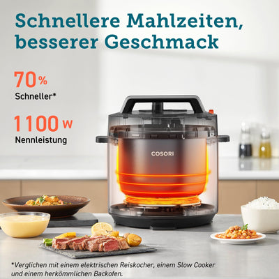 COSORI Schnellkochtopf, 9-in-1, Multikocher mit 14 Funktionen, 5,7 L Pressure Cooker, Reiskocher, Dampfgarer, Joghurtbereiter, Slow cooker und Sous Vide, Sautierpfanne, Rezeptbuch, Edelstahl