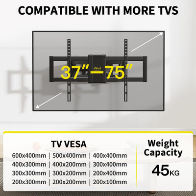 Alphamount TV Wandhalterung Schwenkbar für 37-75 Zoll Fernseher, Neigbar Ausfahren Wandhalterung Fernseher, TV Halterung Max Gewicht 45kg, VESA 200x100 zu 600x400mm