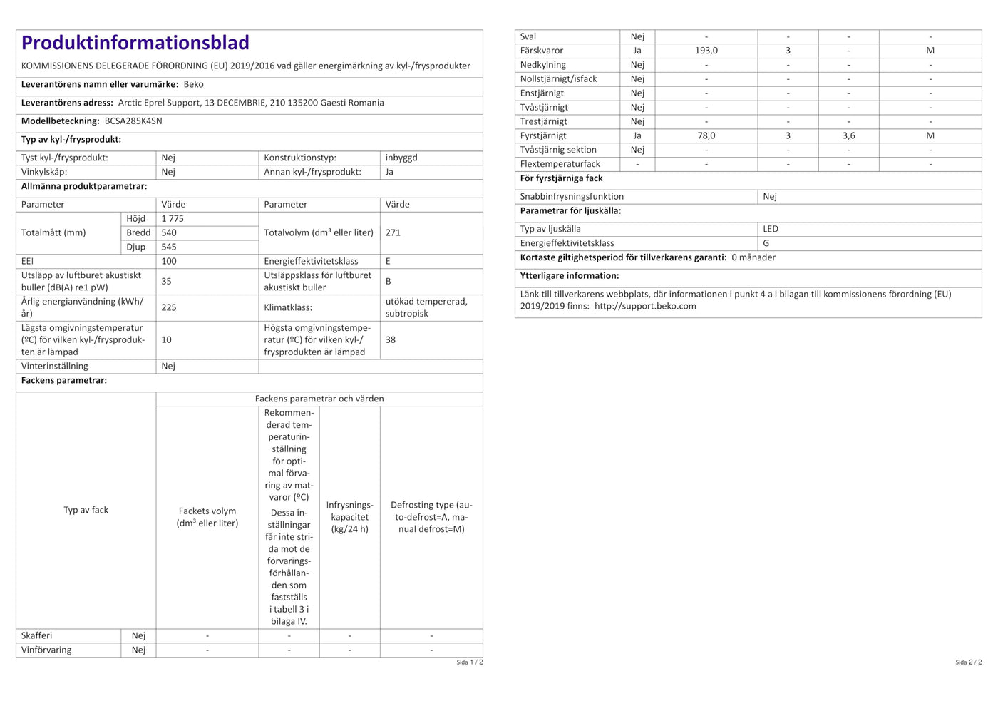 Beko BCSA285K4SN b100 integrierbare Kühl-/Gefrierkombination, 271 l Gesamtrauminhalt, Einbau-Kombination, MinFrost, Schlepptürtechnik, 35 dB, Weiß