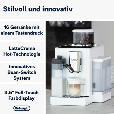 De'Longhi Rivelia EXAM440.55.W Kaffeevollautomat mit LatteCrema Milchsystem, Wechselbarer Bohnenbehälter, 16 Kaffee- & Milchgetränke auf Knopfdruck, Extra-Shot-Funktion, 3,5" Touch-Display, Weiß