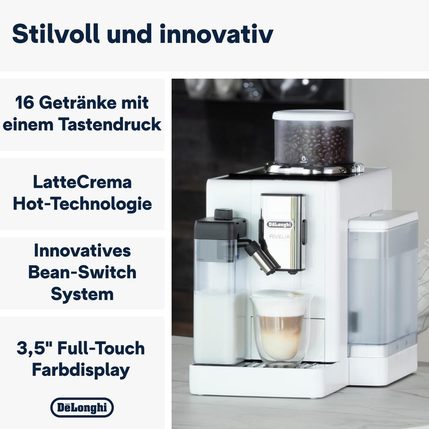 De'Longhi Rivelia EXAM440.55.G Kaffeevollautomat mit LatteCrema Milchsystem, Wechselbarer Bohnenbehälter, 16 Kaffee- & Milchgetränke auf Knopfdruck, Extra-Shot-Funktion, 3,5" Touch-Display, Grau