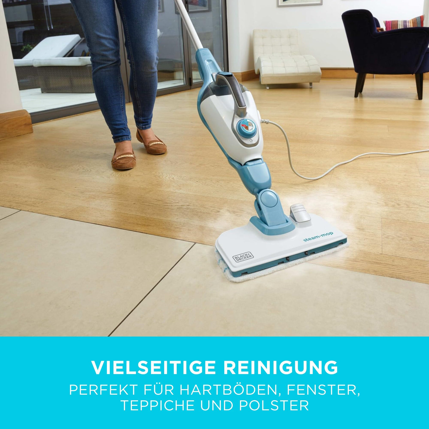 BLACK+DECKER 13-in-1 Dampfbesen Steam-Mop (mit SteaMitt Dampfhandschuh zur Oberflächenreinigung, AutoSelect-Technologie, 180° drehbarer Reinigungsfuß, inkl. 13-tlg. Zubehör) FSMH1321JSM-QS