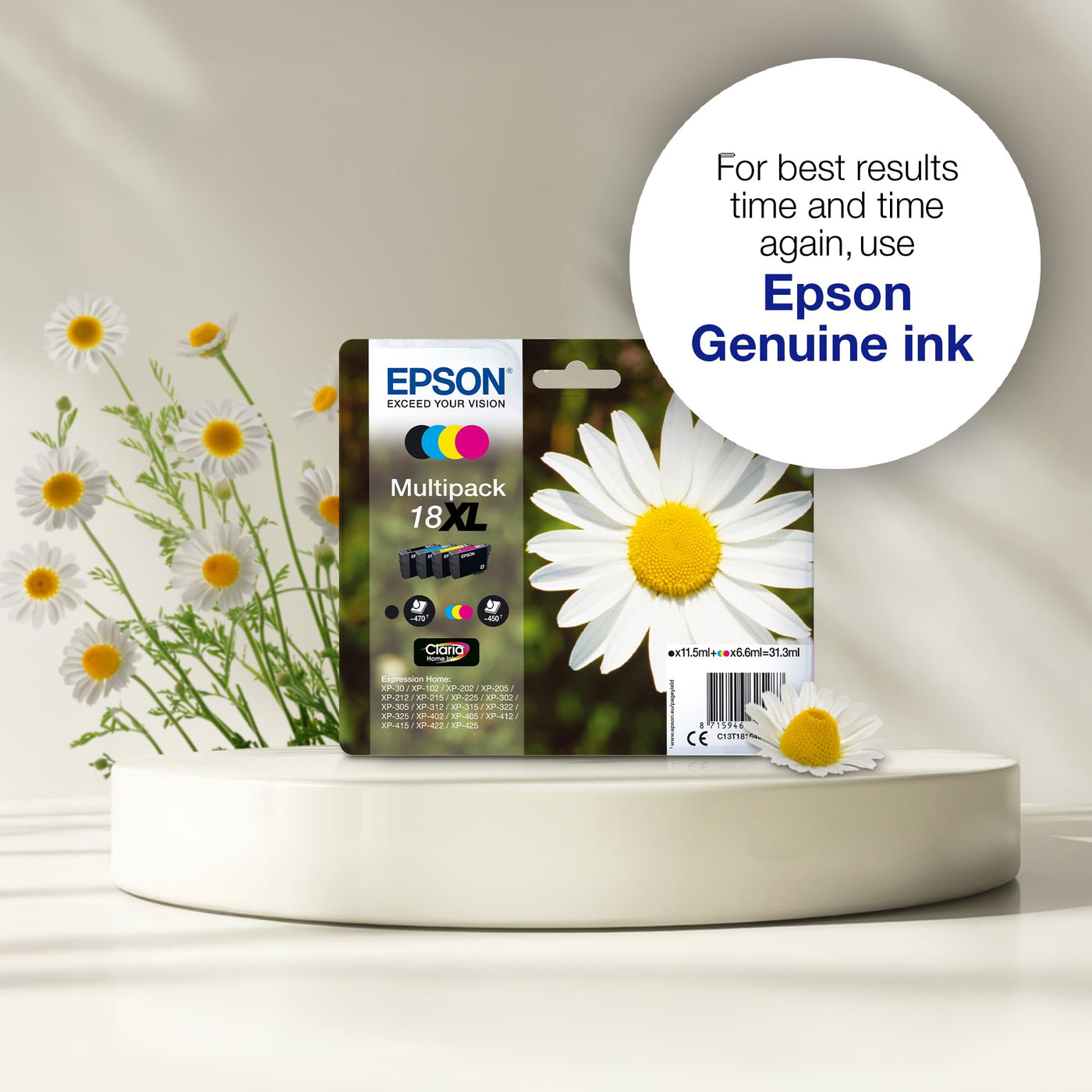 Epson Orginal 18 Tinte Gänseblümchen, XP-305 XP-402 XP-215 XP-312 XP-315 XP-412 XP-415 XP-225 XP-322 XP-325 XP-422 XP-425,Normalverpackung,Standard, (Multipack, 4-farbig)