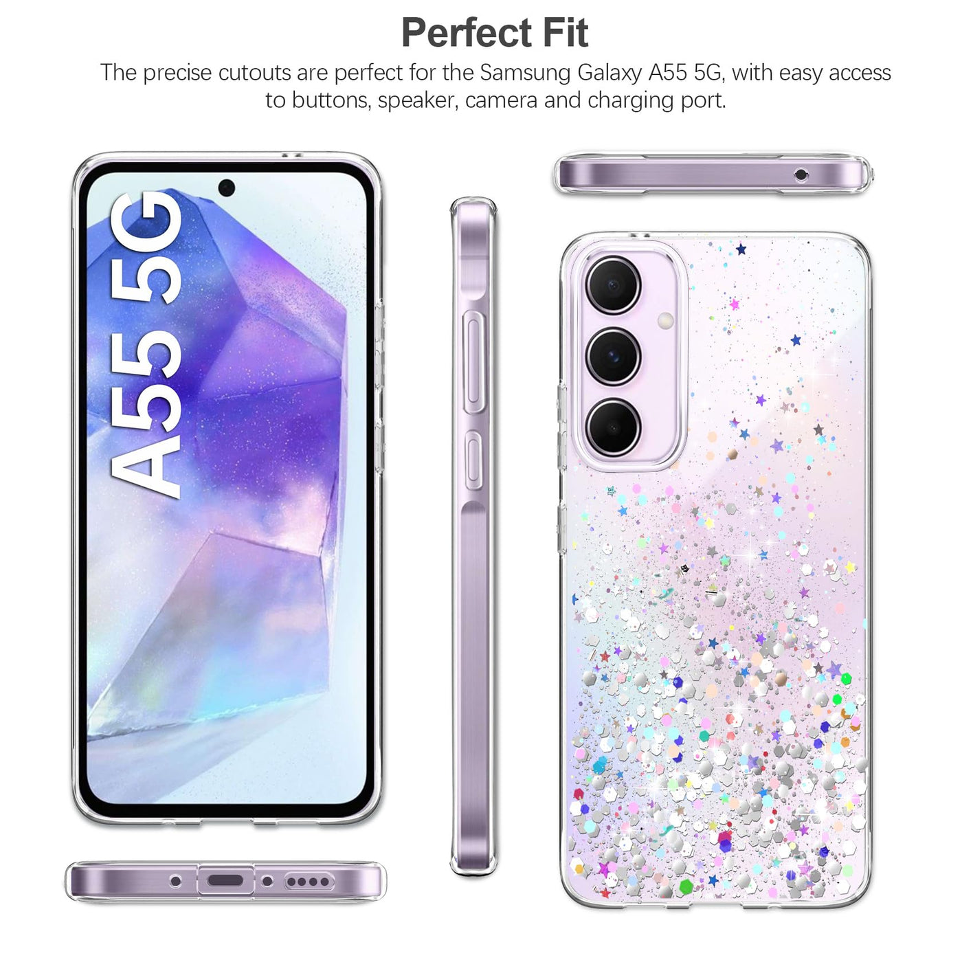 ivencase Glitzer Handyhülle Kompatibel mit Samsung Galaxy A55 5G Hülle, Klar Silikon Case+2 Stück Schutzfolie, Transparent Pailletten Kratzfest Hülle Weich TPU Stoßfeste Schutzhülle Samsung A55