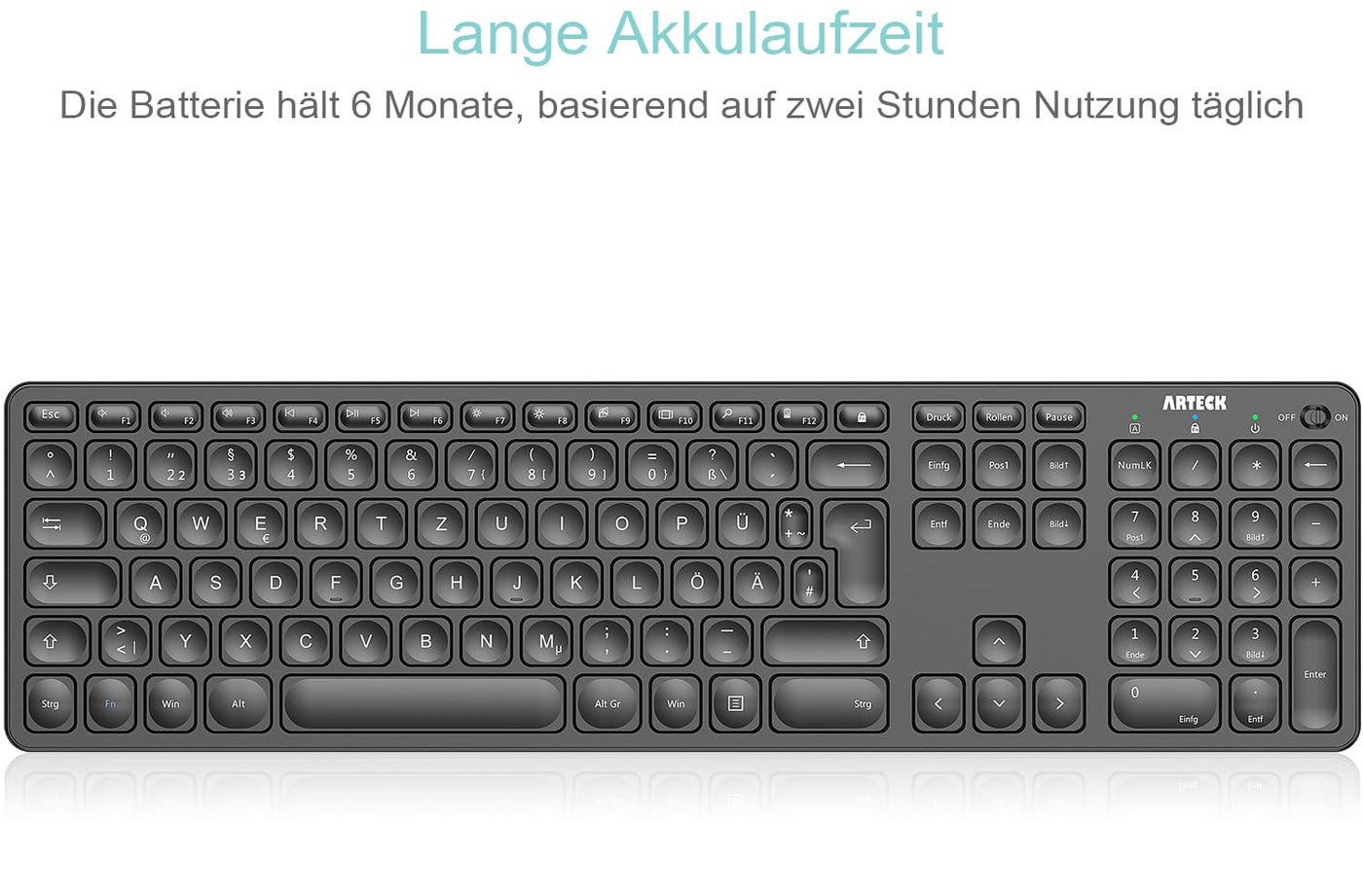 Arteck Kabellose Tastatur, Deutsches QWERTZ Layout wiederaufladbare USB Anschluss 2,4 GHz Kabellos Tastatur mit Multimedia-Tasten, Kompatibel mit PC, Computer, Notebook, Laptop, Windows 11, 10, 8