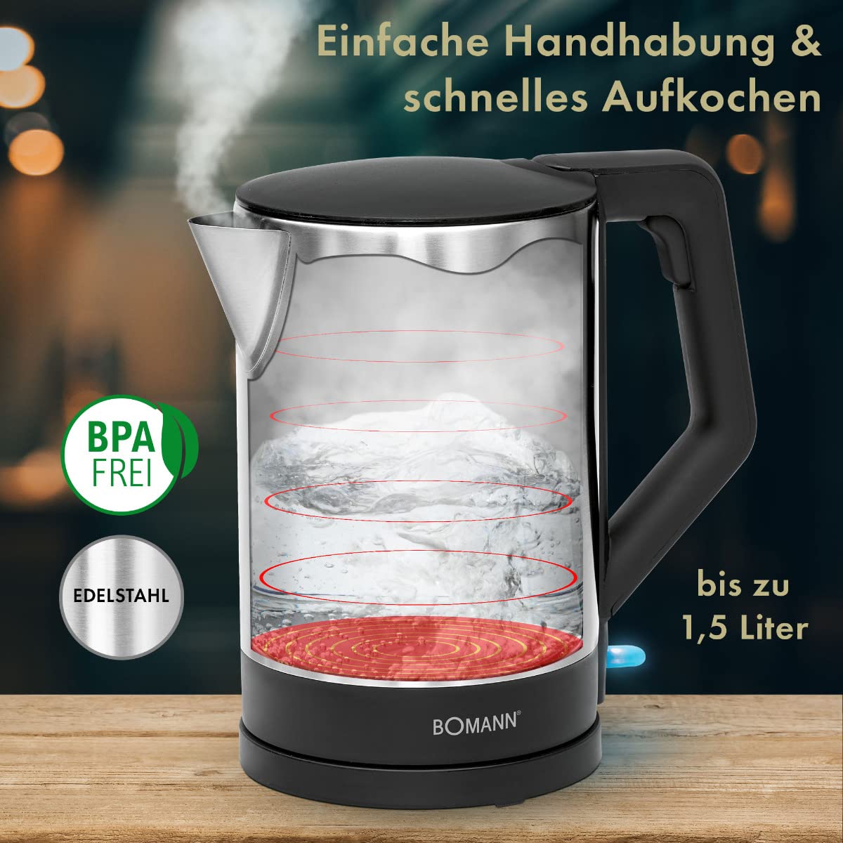 Bomann® Wasserkocher | 1.5 Liter Füllmenge | Sicherheitsklappdeckel | 2200 W Leistung | verdecktes Heizelement | automatische Abschaltung | Basisstation mit Kabelaufwicklung | WKS 3002 CB schwarz