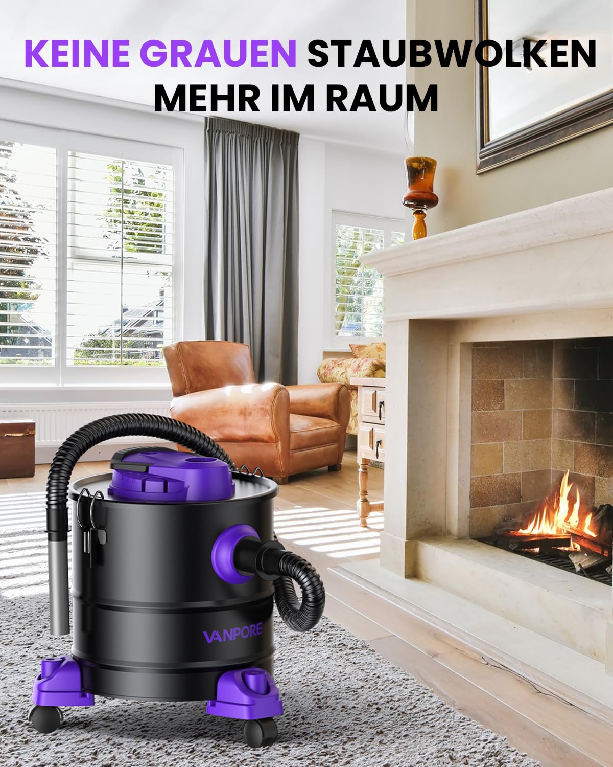 VANPORE Aschesauger für Kamin, 20L Aschesauger, 1200W Starke Saugleistung, Kamin Staubsauger mit Rollfuß, Für Kamin, Pelletgrill, Ofen und Feuerstelle (Purple)