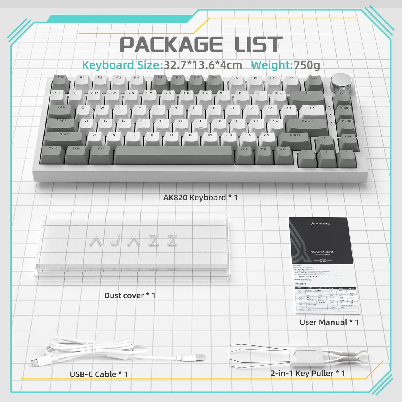 YINDIAO Ajazz AK820 Mechanische Tastatur mit Knopf,75% ANSI-Layout,81 Tasten,Kabelgebundene Gaming-Tastatur,Verbesserte Dichtungsmontage,Hot-Swap Roter Schalter,Eisweißes Licht,für PC,MAC (Grau&Weiß)