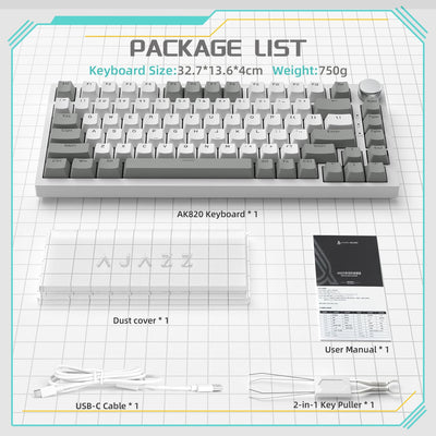 YINDIAO Ajazz AK820 Mechanische Tastatur mit Knopf,75% ANSI-Layout,81 Tasten,Kabelgebundene Gaming-Tastatur,Verbesserte Dichtungsmontage,Hot-Swap Roter Schalter,Eisweißes Licht,für PC,MAC (Grau&Weiß)