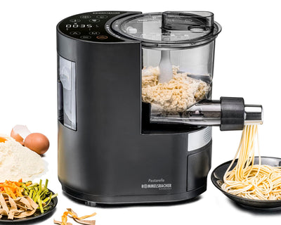 ROMMELSBACHER Elektrische Nudelmaschine PM 220 – bis zu 800 g frische Pasta, integrierte Waage, gesteuerte Wasserzufuhr, 6 vollautomatische Programme, Edelstahl Pressschnecke, 7 Nudelformen, Lüfter