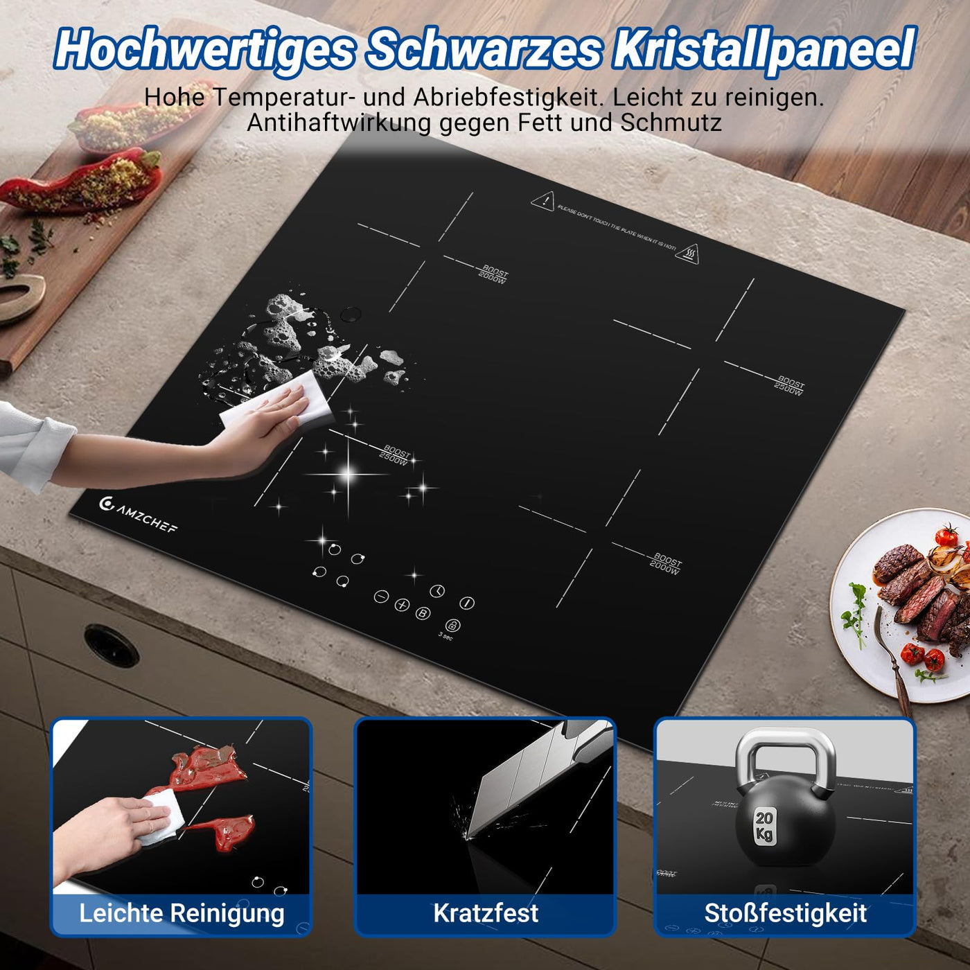 AMZCHEF Induktionskochfeld 60cm, 4 Platten Induktionskochfeld | Einbau Induktionskochplatte | Boost-Funktion | 9 Leistungsstufen | Sicherheitsschloss | Touch-Bedienung | Zeitschaltuhr | 7200W