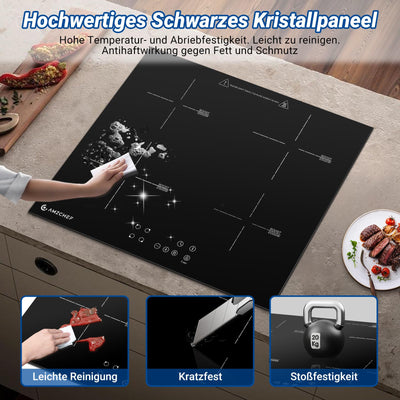 AMZCHEF Induktionskochfeld 60cm, 4 Platten Induktionskochfeld | Einbau Induktionskochplatte | Boost-Funktion | 9 Leistungsstufen | Sicherheitsschloss | Touch-Bedienung | Zeitschaltuhr | 7200W