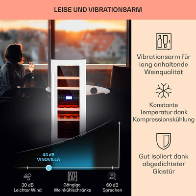 Klarstein Weinkühlschrank 2 Zonen, 53L Getränkekühlschrank, Kleiner Einbau-Weinschrank Schmal, Wein-Kühlschrank mit Glastür, Indoor/Outdoor Flaschenkühlschrank, Wine Fridge für 17 Flaschen